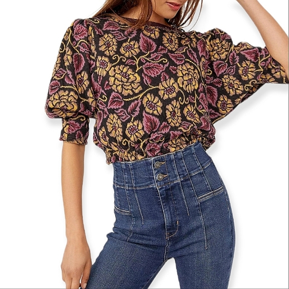 Free People Tops - FREE PEOPLE Floral Purple & Yellow Open Back Boat Neck Puff Sleeve Cotton Top